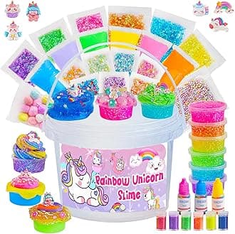 Crystal Clear Slime Kit for Kids - DIY Making Kit With 36 Sets Add-ins, Rainbow Bucket for Girls & Boys Ages 8-12, Party Favors Birthday Easter Hallowmas Gift, 17 FL OZ Premade