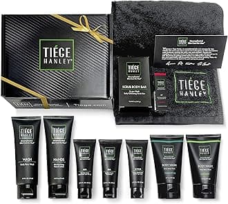 Tiege Hanley Men's Skin Care Mega Gift Box | 10 products | 5 Facial Care | 2 Body Wash | 1 Bar Soap, Hand Lotion, and a Plush Hand Towel | Great Gift Set for Men