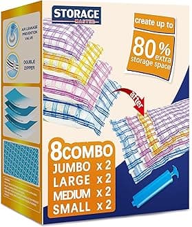 STORAGE MASTERSpace Saver Bags for Travel and Home Reusable Vacuum Storage Bags Save 80% More Storage Space with Travel Hand Pump (8 Combo)
