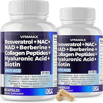 Resveratrol NAD+ Berberine Hyaluronic Acid - Biotin Grape & Blueberry + NAC - Collagen Peptides - Hair, Nail, Skin & Joint Supplement - 21-in-1 Women and Men - Made in USA - 120 Count