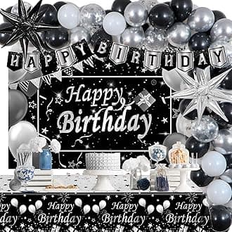 Silver and Black Birthday Decorations for Men Women Boys Girls 80 PCS White Black and Silver Party Decorations Happy Birthday Backdrop Banner Confetti Star White Balloon Arch Tablecloth Party Supplies