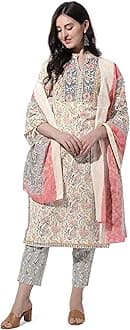 MIRCHI FASHION Women's Designer Straight Fit Cotton Printed and Embellished Kurta Set with Trouser Pant and Dupatta