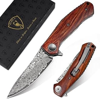 AUBEY Damascus Folding Pocket Knife Handmade with Clip for Men, Damascus Hunting Knife EDC Knife with Liner Lock for Outdoor Survival Camping Collection, Wooden Handle