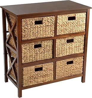 eHemco 3 Tier X-Side End Storage Cabinet with 6 Wicker Baskets, Walnut