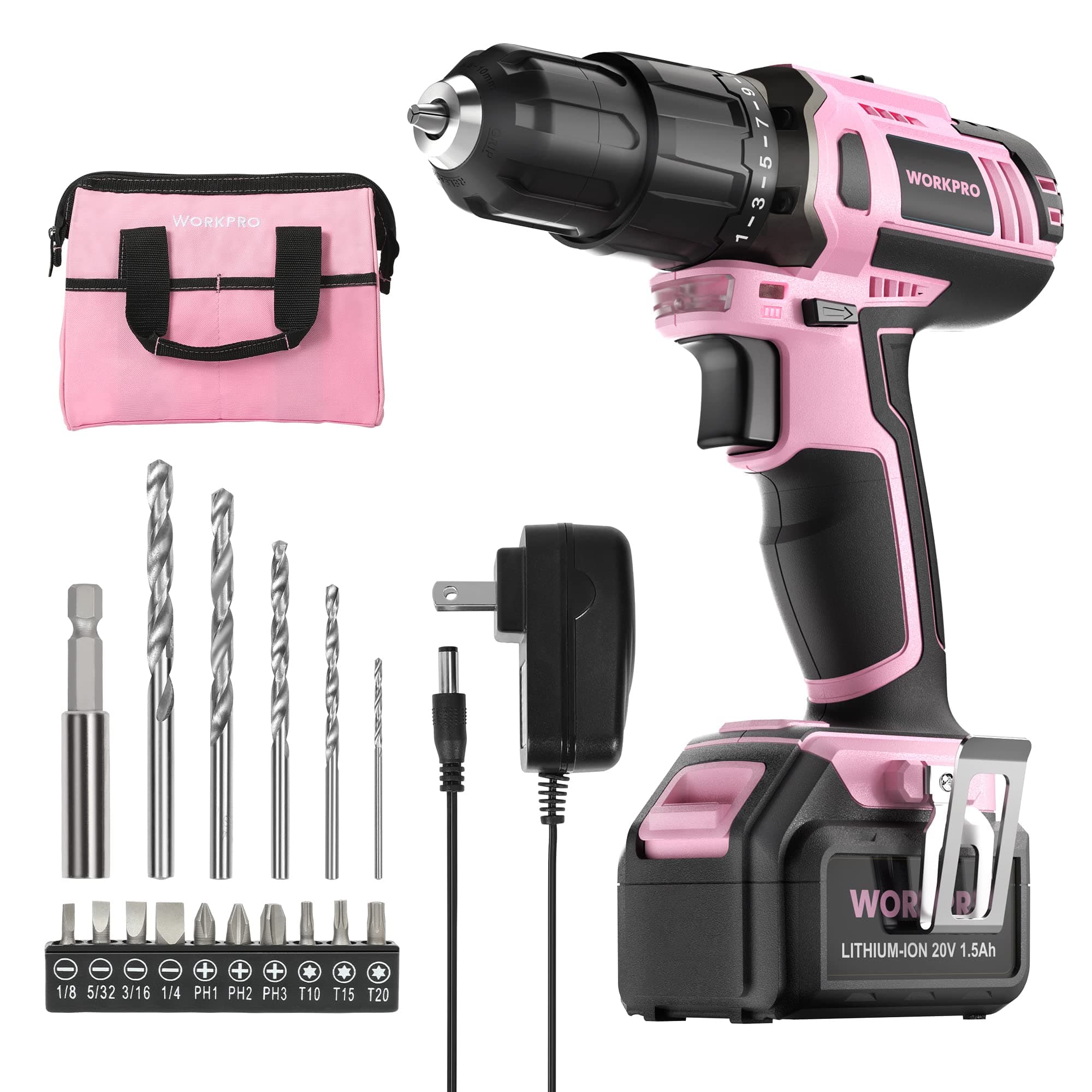 Pink Cordless 20V Lithium-ion Drill Driver Set, 1 Battery, Charger and Storage Bag Included - Pink Ribbon