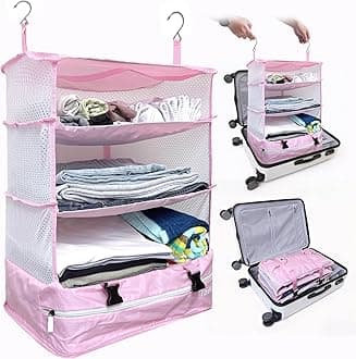 Grand Fusion Stow-N-Go Packing Organizer for Luggage, Portable Hanging Travel Shelves, Carry-On Closet, Hanging Packing Cubes, Collapsible Carry-On Organizer for Cruises & Hotels Pink - XL