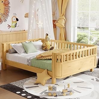 Full Size Kids Bed Frame, Low Profile Montessori Bed Full with Rails, Wood Daybed for Girls & Boys, No Spring Box Required, No Squeaks, Natural