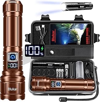 Blukar Torch Rechargeable, Ultra High Lumens Super Bright Flashlight, Adjustable Focus, 5 Modes, 5000 mAh Long Lasting, IP67 Waterproof, Smart Digital Display for Camping, Power Cuts, Emergency- Brown