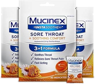 Mucinex Instasoothe Sore Throat Relief Drops, Sore Throat Lozenges, Sore Throat Medicine with Hexylresorcinol, Cough Drops Alternative, Honey & Echinacea Flavor Medicated Numbing Throat Drops, 40 ct