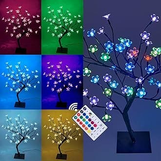 LIGHTSHARE 18 Inch Cherry Blossom Bonsai Tree, 48 LED Lights, RGB with Remote Control, 16 Color-Changing Modes, 24V UL Listed Adapter Included, Metal Base Ideal As Night Lights