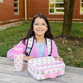 Wildkin Kids Insulated Lunch Box Bag for Boys & Girls, Reusable Kids Lunch Box is Perfect for Elementary, Ideal Size for Packing Hot or Cold Snacks for School & Travel Bento Bags (Pink and Gold Stars)