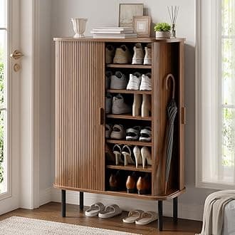 ONBRILL 6-Tier Shoe Cabinet with Sliding Door, Wooden Shoe Storage Cabinet with Adjustable Shelves, Mid-Century Modern Freestanding Shoe Storage Organizer for Entryway, Hallway, Living Room, Walnut