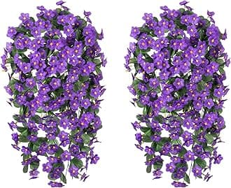 Artificial Faux Hanging Plants Flowers Vines for Outdoor Outside Summer Decoration, 2PCS Fake Silk UV Resistant Look Real Purple Orchid Vine for Front Door Porch Planter Balcony