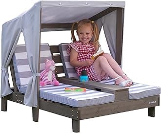 KidKraft Wooden Outdoor Double Chaise Lounge with Cup Holders and Cushions, Kid's Patio Furniture, Gray