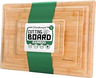 Freshware Wood Cutting Boards for Kitchen - Bamboo Cutting Board Set of 3, Cutting Boards with Juice Grooves, Serving Board Set, Chopping Board for Meat, Veggie, Easy Grip Handle (9x6", 12x8", 15x10")