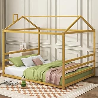 Metal Queen Size Floor Bed for Kids,Montessori Floor Bed with Roof,House Bed Frame Queen for Boys Girls,Gold