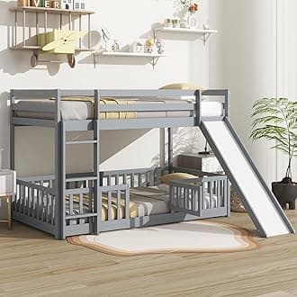 Twin Over Twin Bunk Bed with Slide and Ladder, Wood Floor Bunk Bed Frame with Door and Safety Guardrails for Kids Teens Boys Girls, No Box Spring Needed