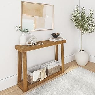 Plank+BeamSolid Wood Console Table with Storage, 46.25 Inch, Sofa Table with Shelf, Narrow Entryway Table for Hallway, Behind The Couch, Living Room, Foyer, Easy Assembly, Pecan