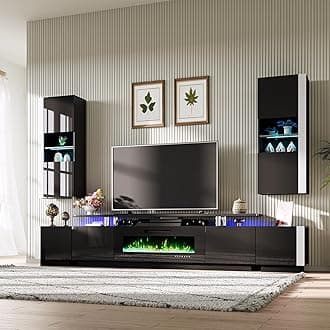 AMERLIFE Wall Unit Entertainment Center with Fireplace and Storage, Includes 80" 2-Tier Fireplace TV Stand, 2 x Wall Cabinets & 2 x End Tables, Modern LED Lights TV Console for Living Room, Black