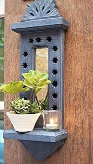 Antique Wooden Wall Hanging Jharokha Wall Mount Mirror for Living Room, Bedroom, Home Décor (Oval, Grey)