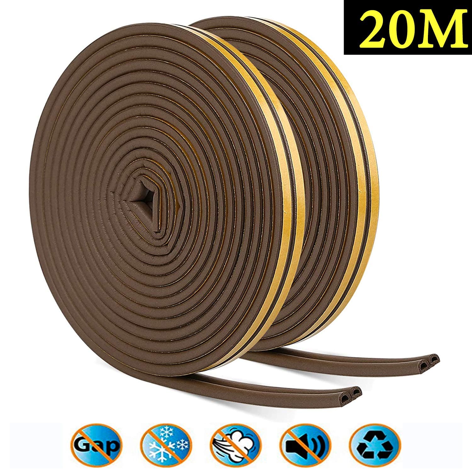 JEMESIWindow Draught Excluder Tape D Type Self-Adhesive Waterproof Excluder Strip Foam Seal Soundproofing Avoidance Rubber Weatherstrip 9mm(W) x 6mm(T) X 5 Meters, 4 Seals Total 20M（Brown)