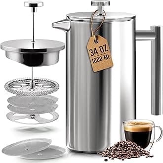 Utopia Kitchen French Coffee Press - Double Walled 32 oz Espresso & Tea Maker - 100% Stainless Steel - Dishwasher Safe
