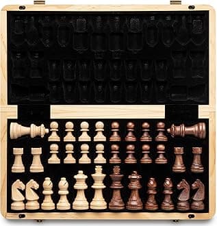 A&A 15" Wooden Chess Set/Folding Board / 3" King Height German Knight Staunton Chess Pieces/Beech Box w/Maple & Walnut Inlay / 2 Extra Queens