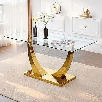 63” Glass Dining Table, Dining Room Table for 4-6, Gold Kitchen Table for Dining Room,0.4 Thickened Tempered Glass Top with Golden Rectangular Base