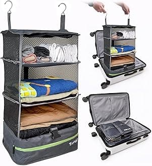 Grand Fusion Stow-N-Go Travel Luggage Organizer – Portable Hanging Travel Shelves, Carry-On Closet Organizer, Hanging Packing Cubes, Collapsible Carry-On Organizer for Cruises & Hotels. Dark Gray - L