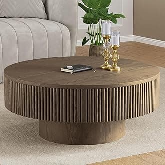 YOUDENOVA 35” Round Fluted Coffee Table, Modern Wood Circle Coffee Table, Veneer Handcrafted Relief Tea Table with Sturdy Pedestal for Living Room, Easy Assembly - Brown