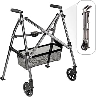 Stander Wonder Walker Plus, Lightweight Folding Mobility Aid for Adults, Seniors, and Elderly, Collapsible Travel EZ Fold-N-Go with Wheels, Glides, & Basket, Black Walnut