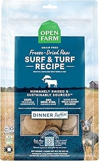 Freeze Dried Raw Dog Food, Patties with 95% Meat, Organs & Bone, Complete Meal or Freeze Dried Dog Food Mixer, Surf & Turf Recipe, 10.5oz Bag