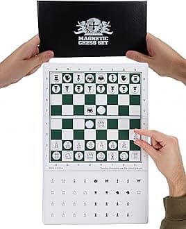 WE Games Mini Magnetic Travel Chess Set – 10-Inch Foldable Board with Durable Vinyl Pieces & Extra Queens– Indoor & Outdoor Magnetic Chess Game - White Logo