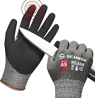 Schwer ANSI A9 Highest Level Cut Resistant Gloves, Touchscreen, Sandy Nitrile Coated Safety Work Gloves With Grip, for Handle Glass, Detect Metal, HVAC, Warehouse, Construction,Wood Work, Black