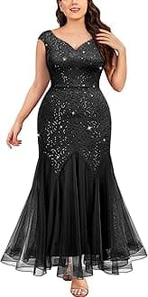 Miusol Women's Plus Size Sleeveless Sequins Lace V-Neck Tulle Mermaid Hem Formal Gown Dress
