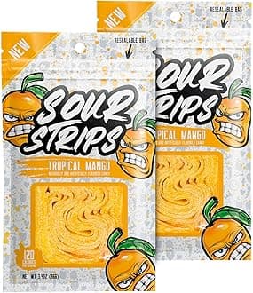 SOUR STRIPS Tropical Mango Flavored Candy | Deliciously Chewy Belts Vegetarian Candies, 12 per Pack, 2 Pack