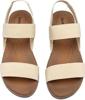 Veittes Women's Casual Flat Slide Sandals - Adjustable Elastic Strappy Double Bands Summer Flat Sandals