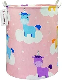QUEENLALA Large Storage Basket,Laundry Hamper/Bathroom/Home Decor/Collapsible Round Storage Bin,Boys and Girls Hamper/Boxes/Clothing(Pink Unicorn)