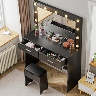 YESHOMY Vanity Desk with Mirror, Makeup Table with 11 Adjustable Lights and 2 Spacious Drawers, Soft-Padded Storage Stool, 3 Lighting Modes with Control, for Bedroom, Black