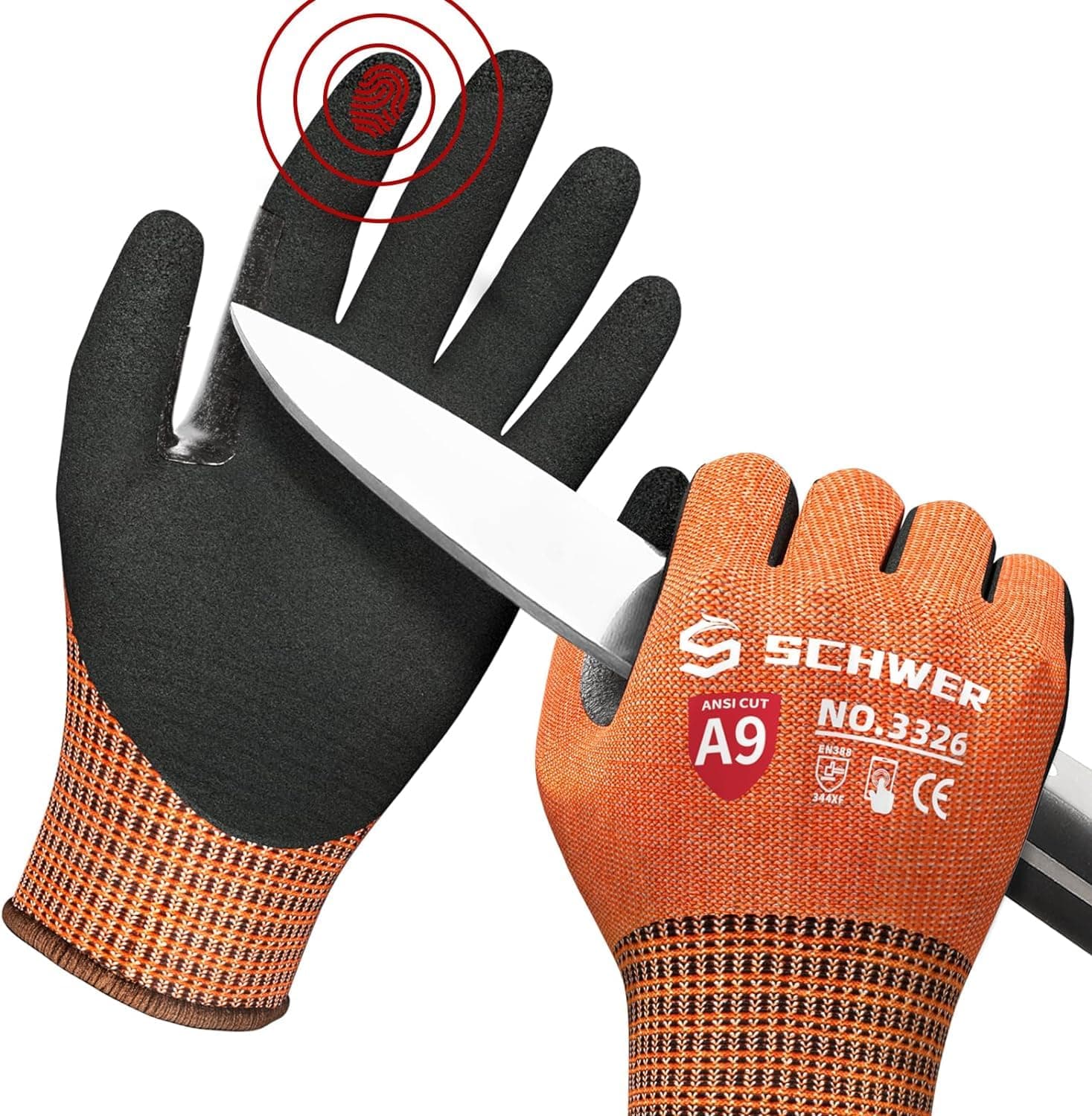 ProGuard Highest Level Cut Resistant Work Gloves PR3326 for Extreme Protection，ANSI A9 Cut Gloves with Reinforced Thumb, Non Slip, Breathable, Durable, Touch-screen, PFAS Free, Orange 1 Pair（L）