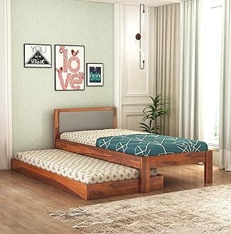 Wooden Single Trundle Bed | Wooden Single Bed with 1 Extra Pullout Bed Cot Palang with Upholstered Headboard for Bedroom, Kids Room | Solid Sheesham Wood, Honey Finish