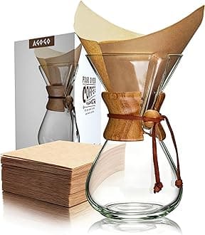 AGOGO Pour Over Coffee Maker Glass with 50pcs Paper Filters -for Home, Office, Camping, Cafes - Easy Clean Coffee Dripper Set (Soft Towel&Brush)(34oz Classic w/Paper Filters)