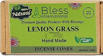 Bless International Lemon Gras 100%-Natural-Incense-Cones Handmade-Hand-Dipped Organic-Chemicals-Free for-Purification-Relaxation-Positivity-Yoga-Meditation The-Best-scents (10 Count)