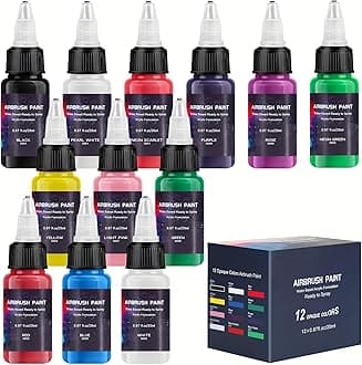 Airbrush Paint 12 Colors, Ready to Spray Airbrush Paint Set, Water-Based Acrylic Air brush Paints for Metal, Plastic Models, Canvas, Wood, 0.67 Fl Oz/20ml
