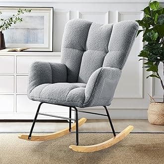 SoarFlash Nursery Rocking Chair Teddy Fabric Glider Chair Upholstered Rocker Accent Armchair with High Backrest and Solid Wood Legs for Nursery Bedroom Living Room Office(Grey)
