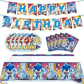 Emmexx Xiaoma Sonic2 Birthday Party Supplies, 32Pcs Sonic Decorations For Party, The Hedgehog Supplies Kids Include Banner ,Table Cloth ,Plates, And Napkins