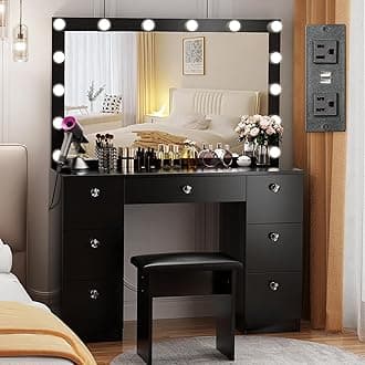 VOWNER Vanity with Lighted Mirror - Makeup Vanity Desk with Power Outlet and 7 Drawers, 3 Color Lighting Modes Adjustable Brightness, 44" Vanity Table with Soft Cushioned Stool for Women Girls, Black