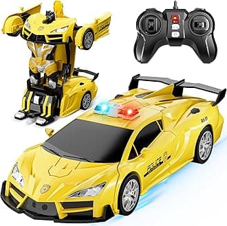 Transform RC Car with One-Button Deformation and 360 Rotating, 2.4Ghz 1:18 Scale Robot Police Car Toys for Ages 4-12, Girls and Boys (Yellow)