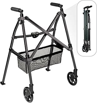 Stander Wonder Walker Plus, Lightweight Folding Mobility Aid for Adults, Seniors, and Elderly, Collapsible Travel EZ Fold-N-Go with Wheels, Glides, & Basket, Matte Black