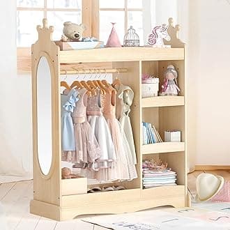 Kids Dress up Storage with Mirror, Kids Wardrobe with Storage & 3 Hooks, Kids Closet for Girls Boys, Kids Costume Organizer, Open Hanging Armoire Wardrobe Closet for Bedroom, Natural
